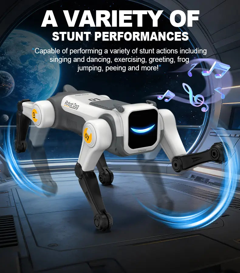 White and gray remote control robot dog with black joints and a glowing blue smile designed as a compact toy product.