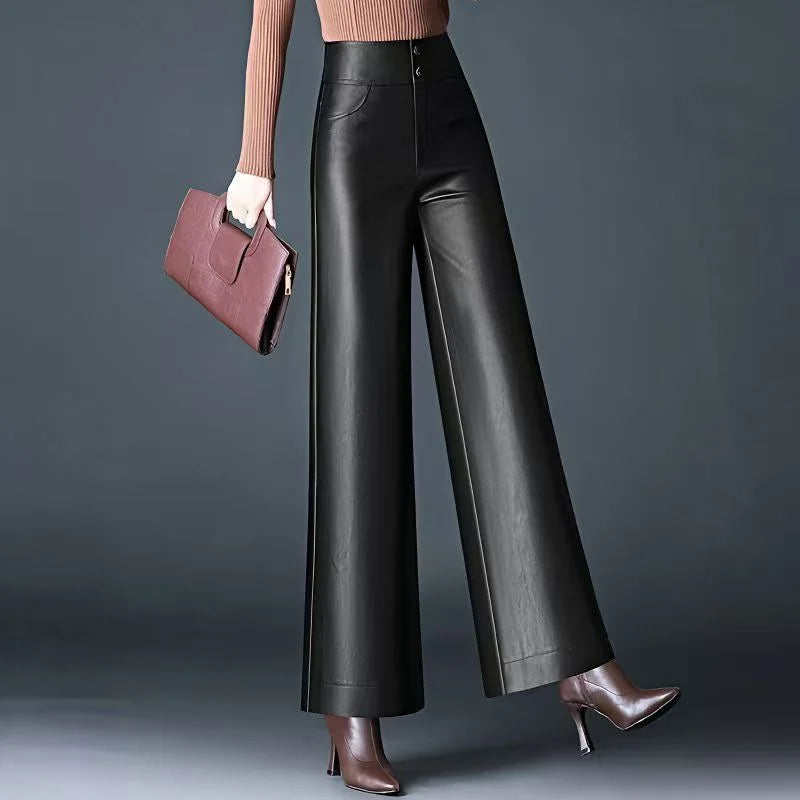 Women's High Waist Loose PU Leather Pants Autumn Winter Windproof Waterproof Straight Leg Pants Casual Fashion Ladies Trousers