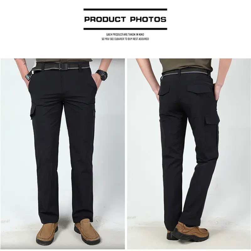 pantalons cargo tactiques légers pour homme en noir, dotés de plusieurs poches et d’une coupe de jambe droite conçue pour la fonctionnalité et le confort