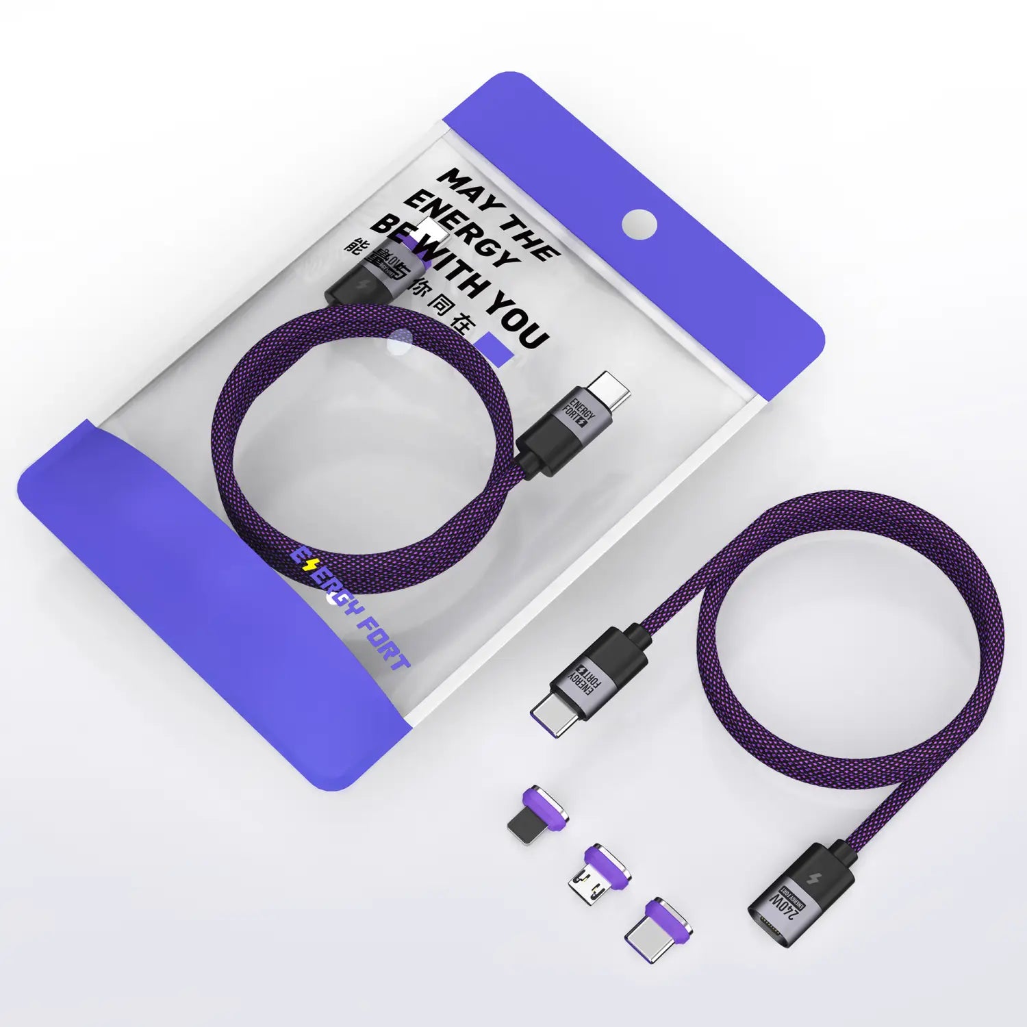 Lila geflochtenes 240-W-magnetisches USB-C-Schnellladekabel mit austauschbaren magnetischen Anschlüssen und Spitzen.