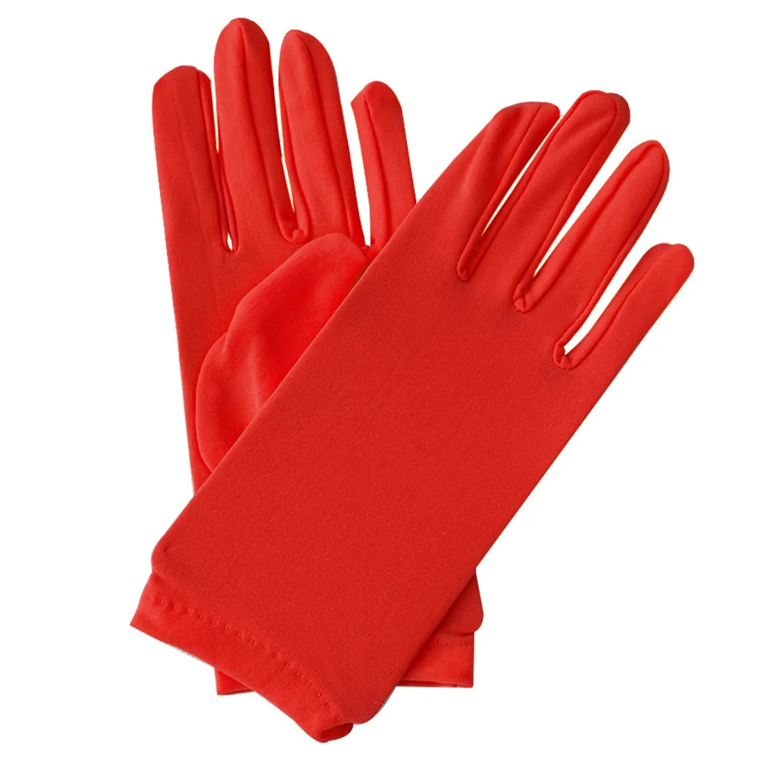 Une paire de gants en satin pour femmes rouge vif, longs moufles d’opéra au coude, avec de longs doigts et des poignets cousus avec soin, offrant une finition lisse façon satin.