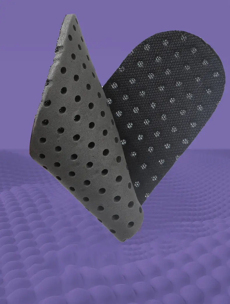 Gray perforated insole with a textured dotted pattern on one side and a smooth surface on the other for women yoga shoes anti-slip fitness flats.