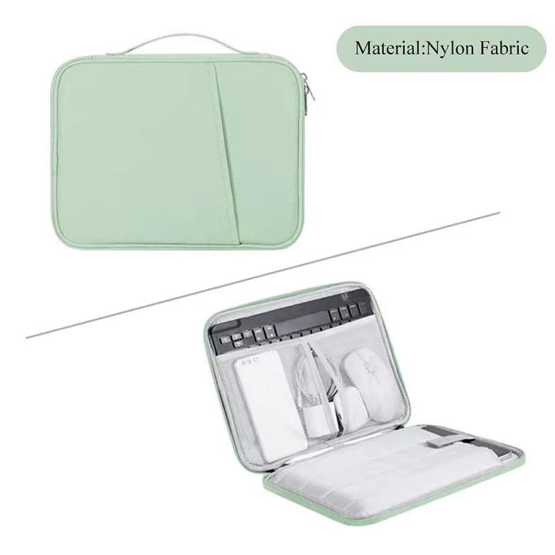 pink laptop sleeve 11 to 13 inch padded case made of light green nylon fabric with zipper closure and interior compartments for organizing tech accessories