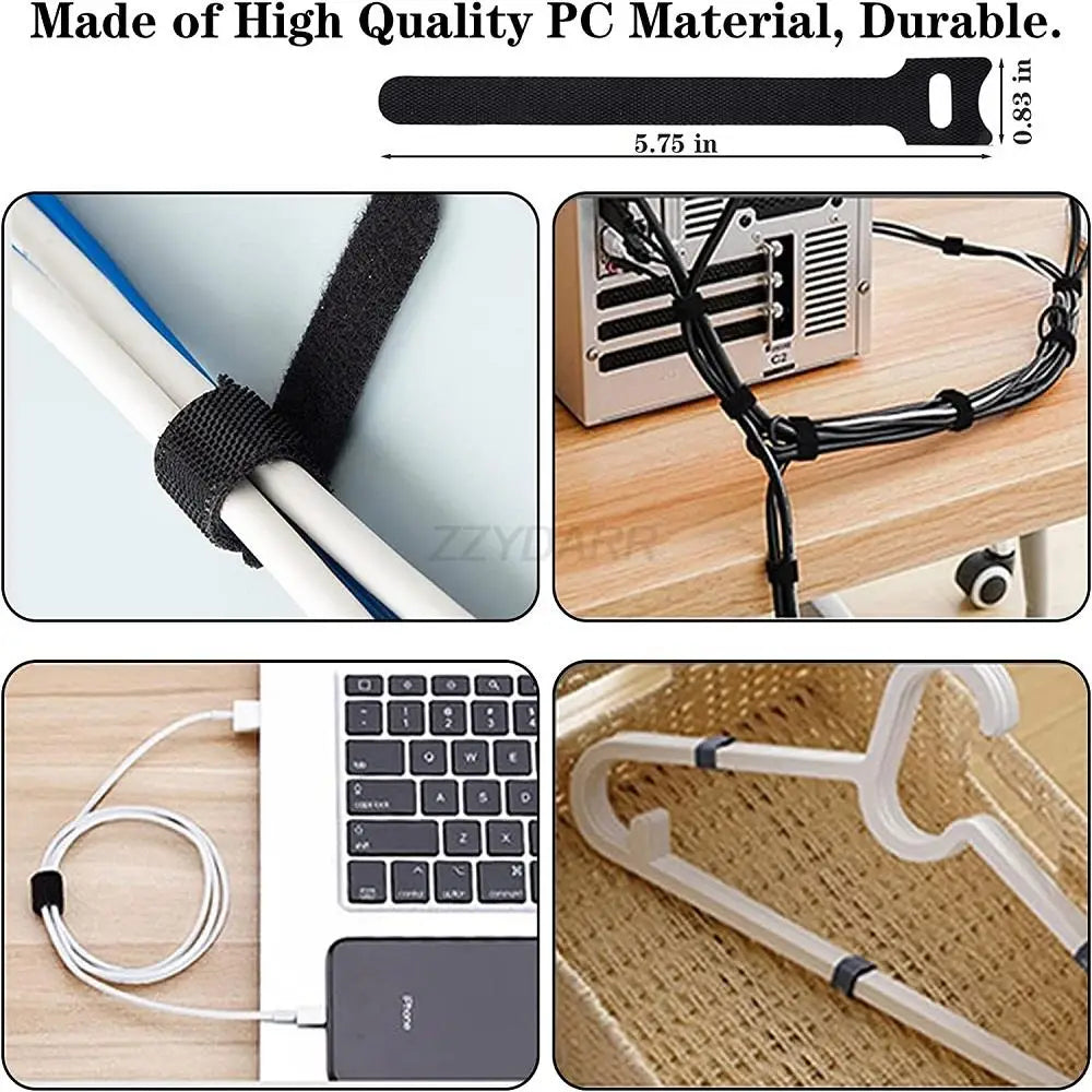 black durable pc cable tie measuring 5.75 inches in length and 0.83 inches in width for organizing cords and cables in the 173 piece cable management kit and cord organizer.