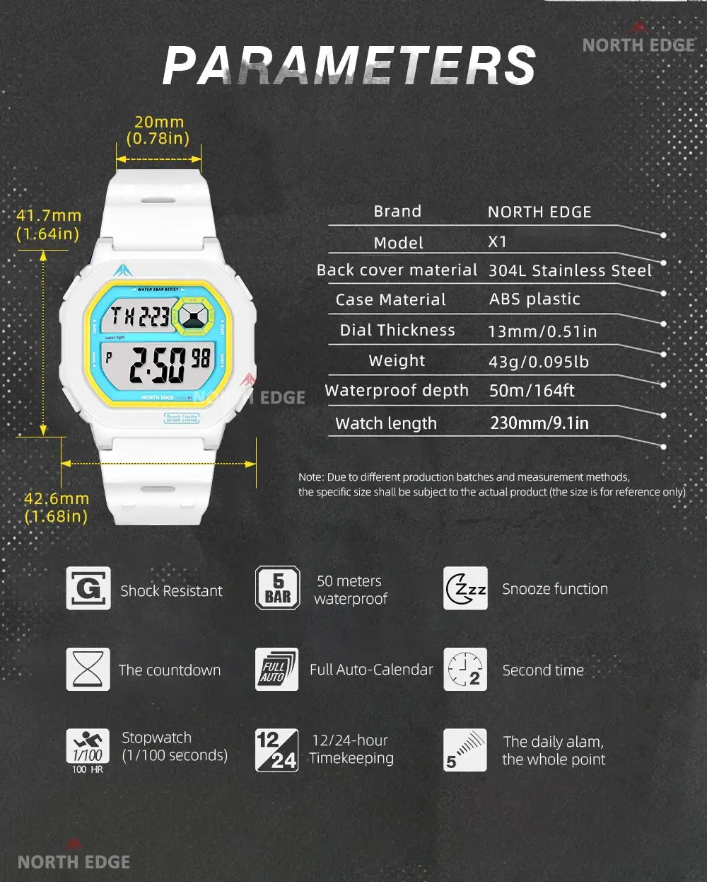 White North Edge digital watch with yellow-accented bezel and display, abs plastic case, 304l stainless steel back cover, and battery included.