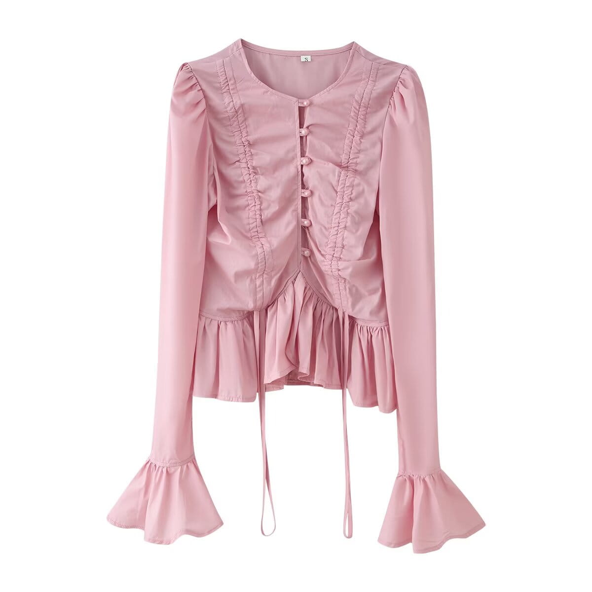 A soft pink women slim fit long sleeve round neck top featuring ruched detailing along the front, flared cuffs, and a matching frilled hem.