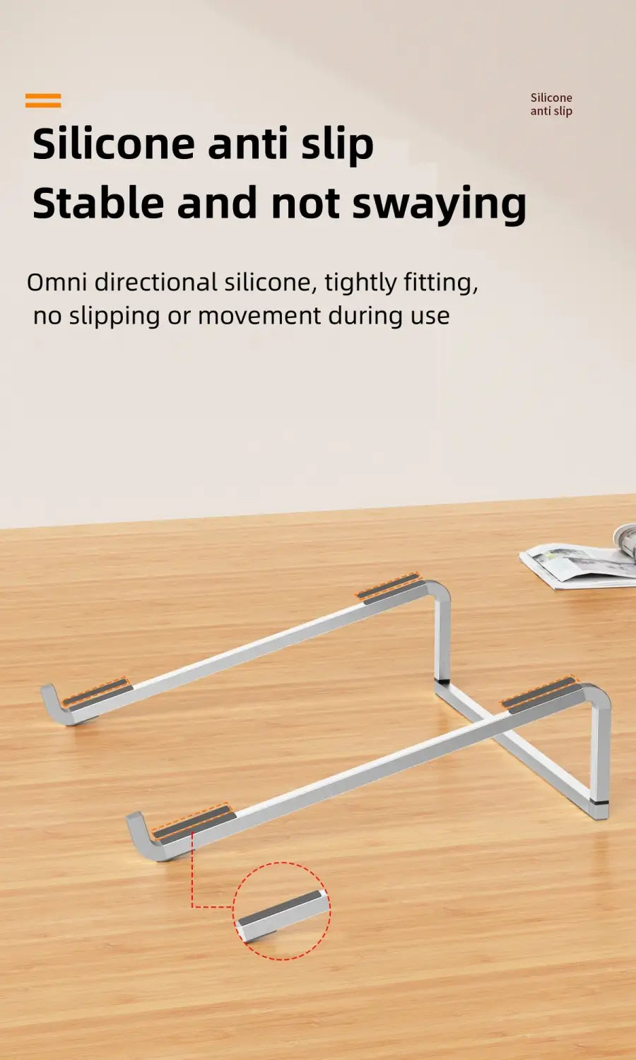 soporte ajustable para portátil de aluminio en plata con almohadillas antideslizantes de silicona para soporte estable y soporte plegable ergonómico.