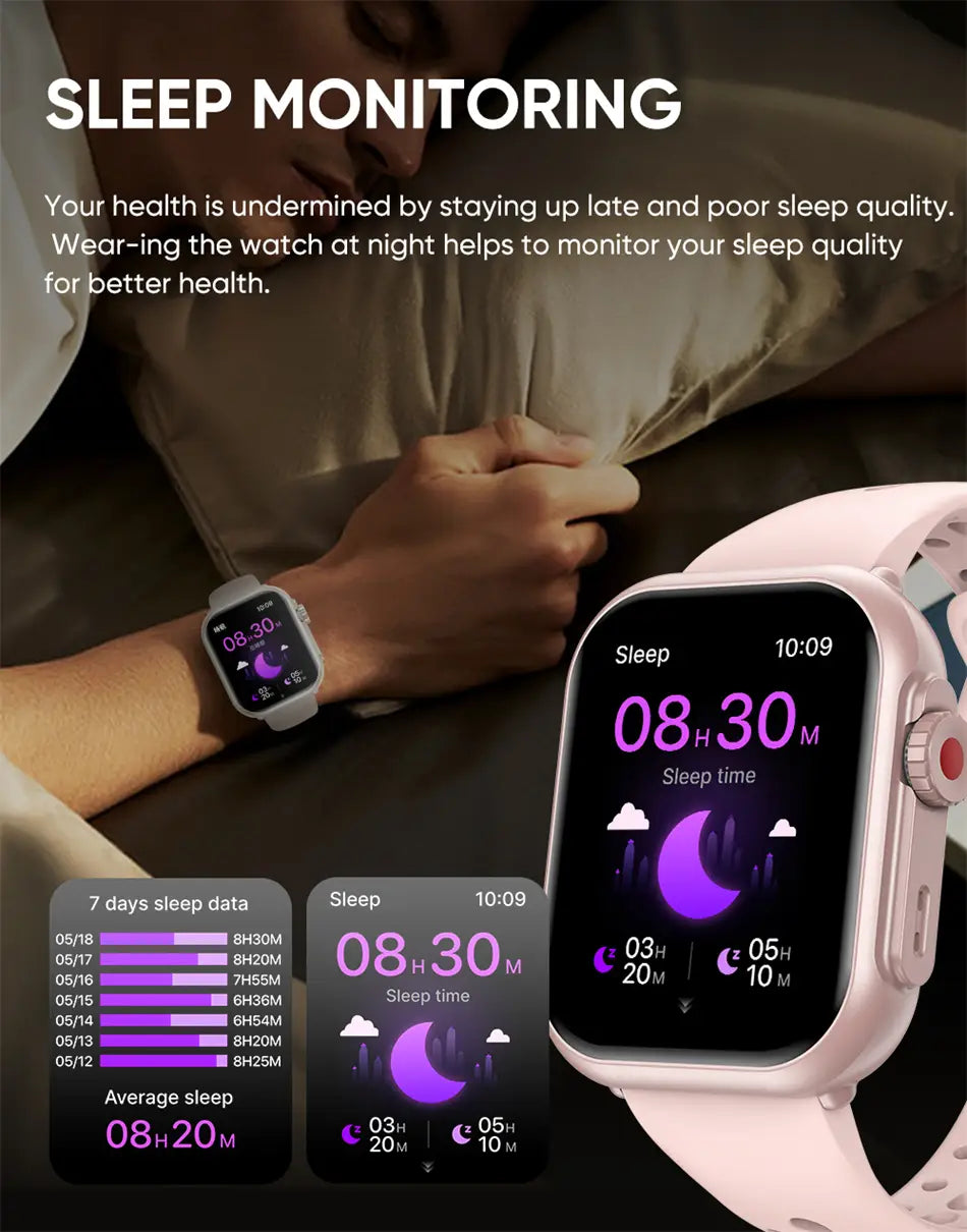 Elegante hellrosa AMOLED-Bluetooth-Smartwatch mit rechteckigem Display zur Anzeige von Daten zur Schlafüberwachung und einem passenden Silikonarmband, ausgelegt für Fitness-Tracking und IP68-Wasserbeständigkeit.