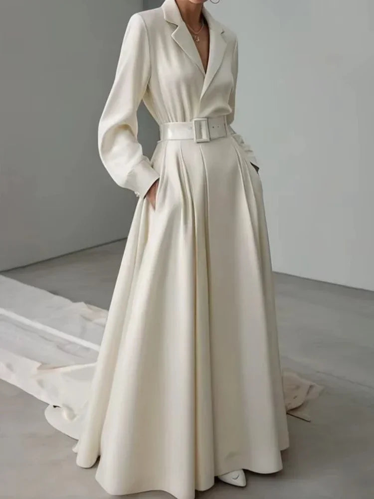 New Party Evening Dresses for Women White Maxi Dress Elegant Long Sleeves Loose No Belt Notched Collar Dresses Women Clothing
