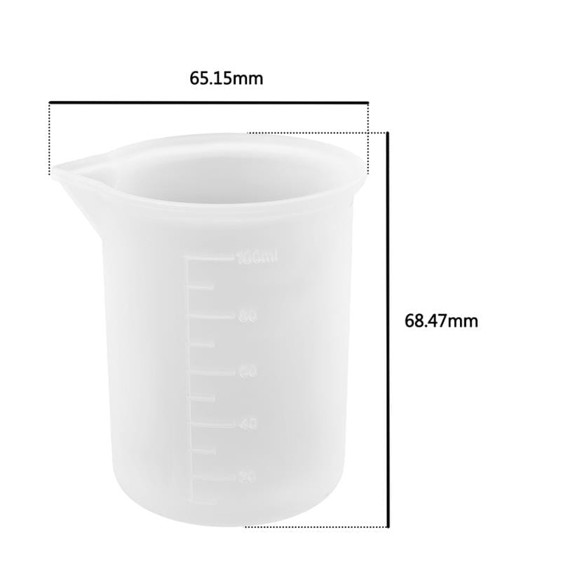 White translucent plastic measuring cup with spout and graduated markings included in epoxy resin mixing tool set for diy jewelry making.