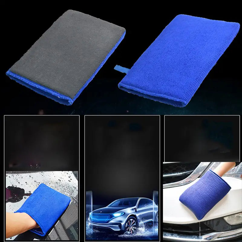 Toalla azul de microfibra con arcilla mágica para el detallado automotriz con interior gris contrastante y asa con bucle para un agarre fácil