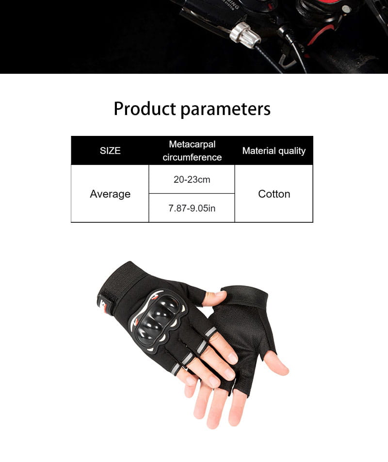 Herren- Motorrad-Taktik-Handschuhe mit halben Fingern, die die Rückseite zeigen, mit schwarzem fingerlosem Design, verstärktem schwarzem Kunststoffpolster und weißen reflektierenden Streifen entlang der Finger.