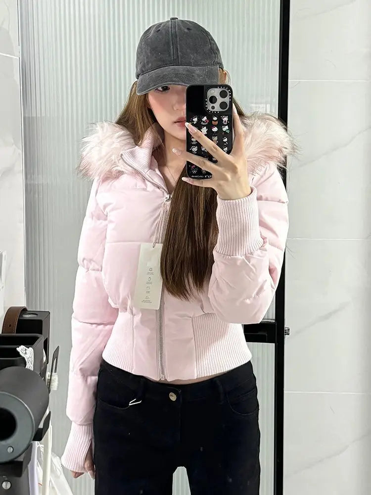 Autumn & Winter High-Waisted Cropped Jacket Sweet Warm Cotton Padded Coat Women Fur Collar Hooded Jacket Y2k Parkas Streetwear