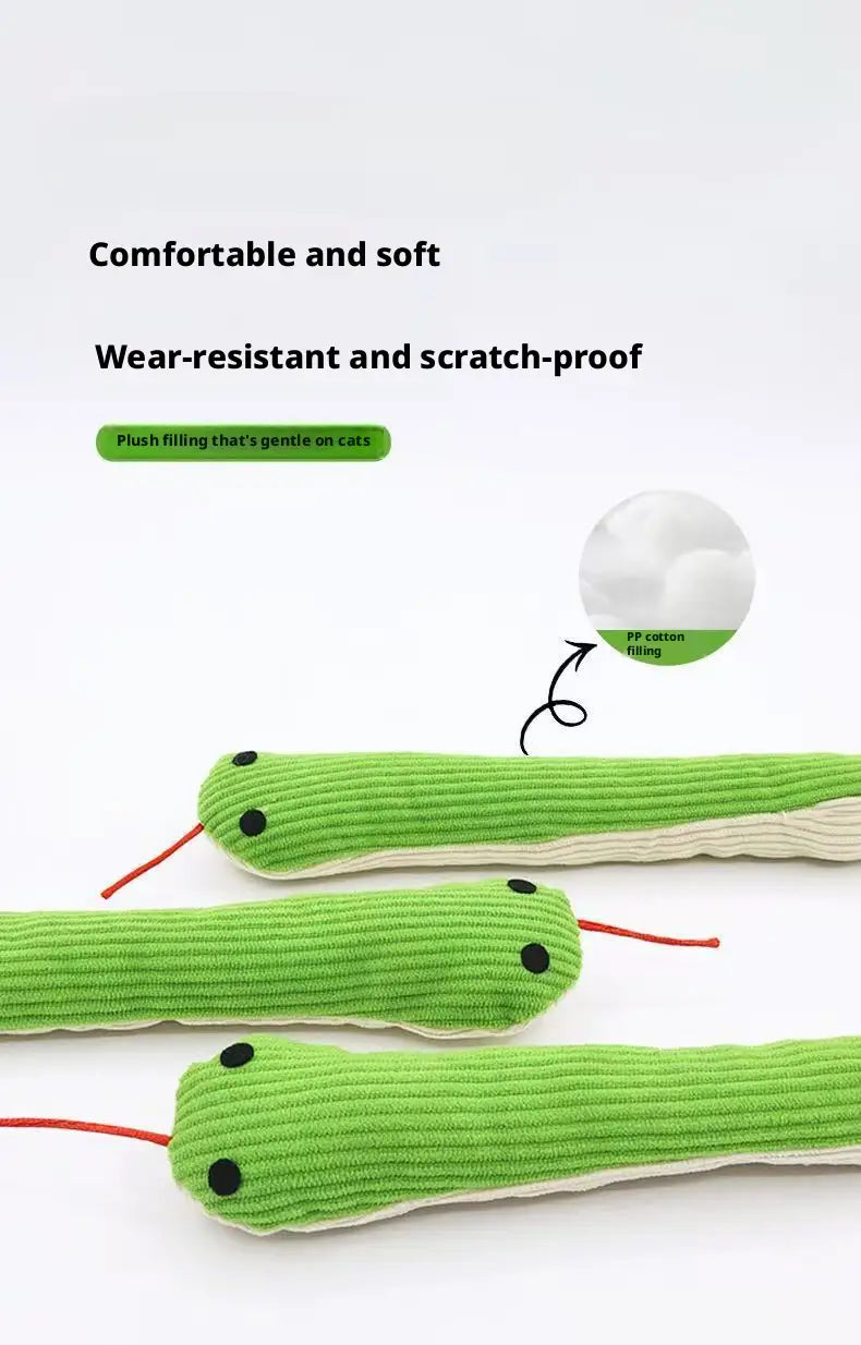 juguete mordedor de serpiente de terciopelo/corduroy de felpa verde para mascotas, con ojos de botones negros y bigotes de hilo rojo, como tipo de juguetes para animales para mascotas