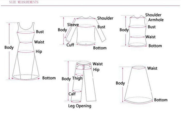 Technical garment size measurement diagram showing labeled body bust waist hip and other dimensions for various clothing types including dresses tops pants and skirts for a pure wool turtleneck sweater women.