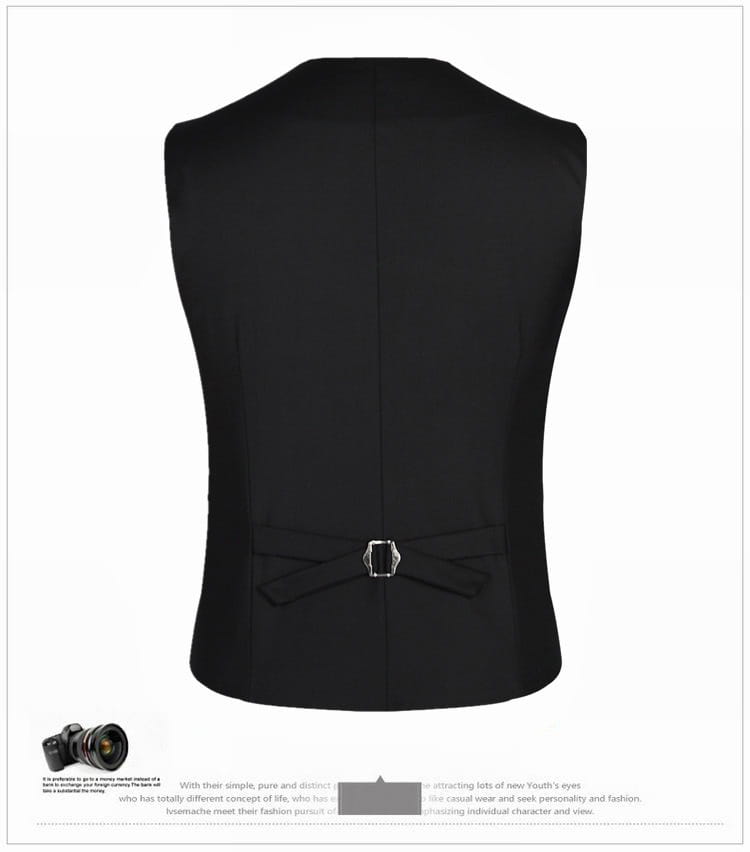 Men slim fit suit vest formal business waistcoat in black with a sleek structured back and silver-toned buckle at the waist.