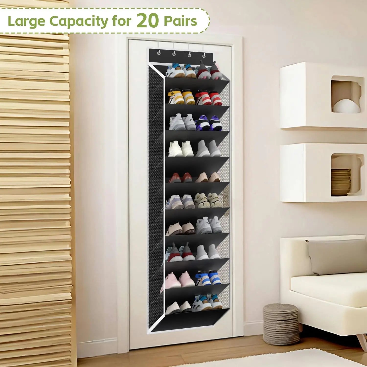 Organisateur de chaussures à mailles noires au-dessus de la porte, avec 10 niveaux, contenant plusieurs paires de chaussures, pour un rangement efficace des chaussures au-dessus de la porte