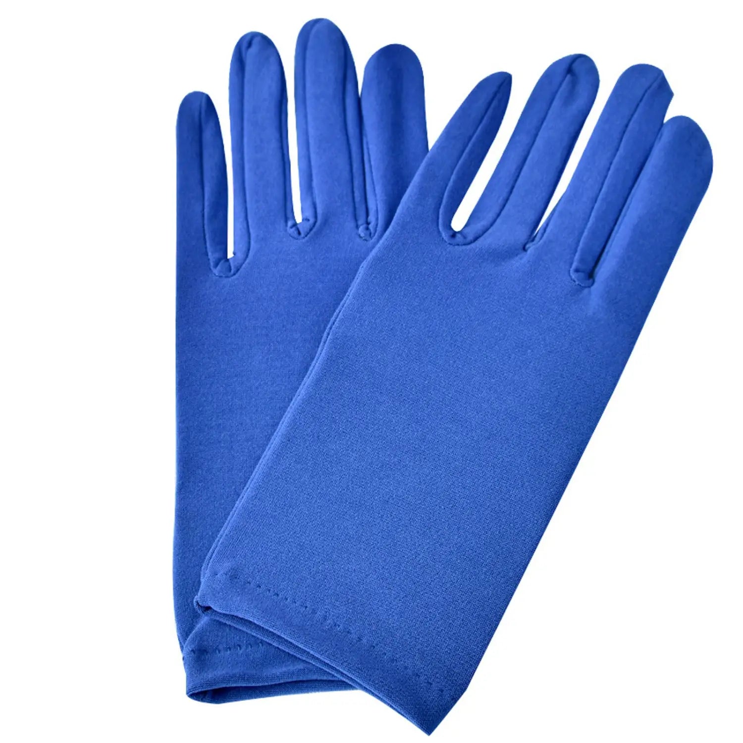 Une paire de gants fendus de couleur bleu royal, sans couture, ajustés, fabriqués dans un tissu extensible lisse, adaptés aux moufles d’opéra longues au coude en satin pour femmes.