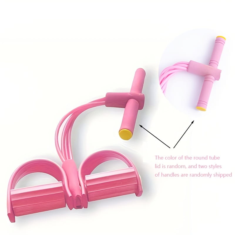 Resistance band set for strength training featuring a pink rubber resistance band with two handles, a central loop, and yellow-tipped ends.