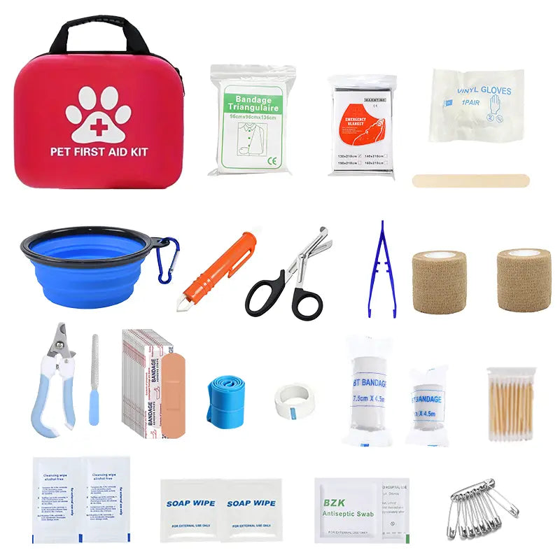 Trousse de premiers secours pour animal rouge, avec empreinte de patte blanche et logo croix rouge, incluant une couverture d’urgence et un bol d’eau.