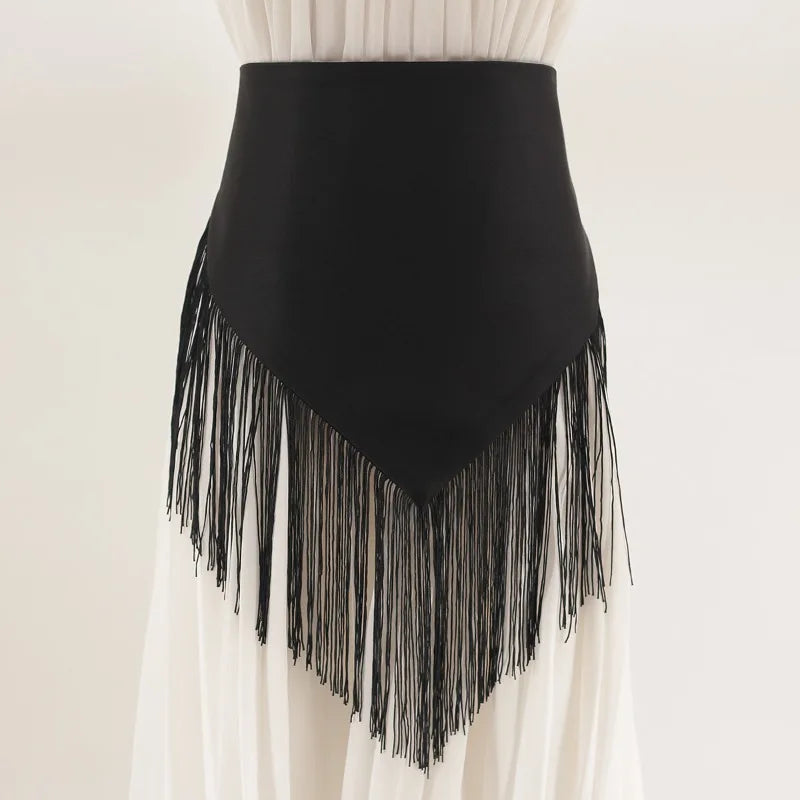 Women's Elegant Black Fabric Waist Belt with Fringe Tassels for Dresses Shirts and Skirts Dress Waist Cover for Women
