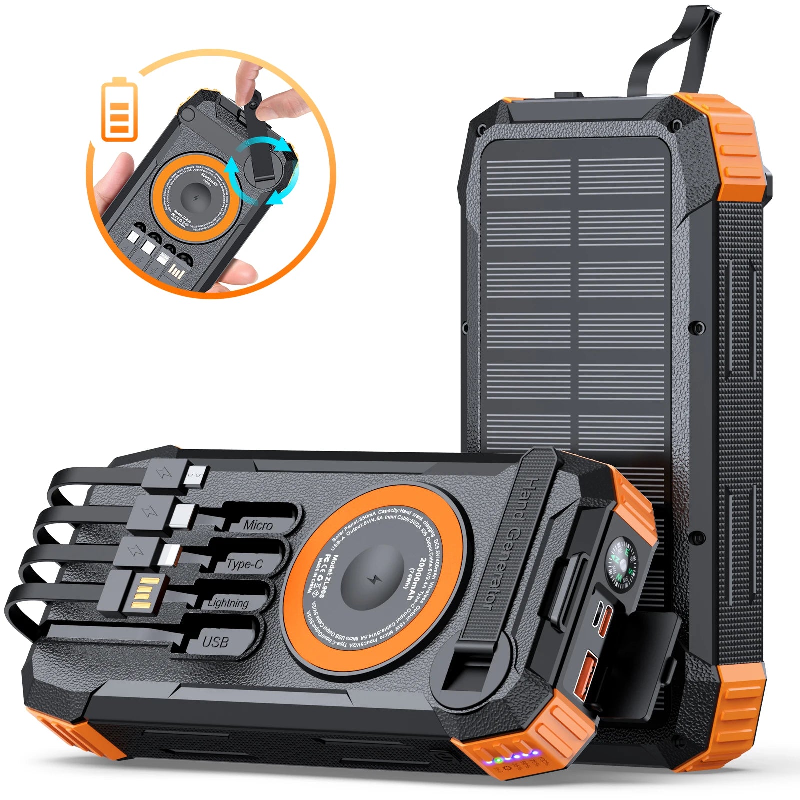 50000mAh Solar Power Bank Hand Crank Generator, Portable Outdoor Emergency Charger with 4 Built-in Cables, Dual LED Flashlight