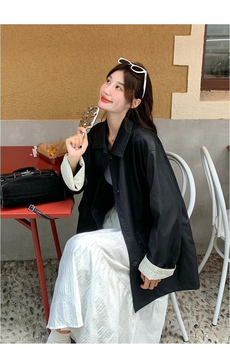 Women's Spring-Autumn New Style Leather Coat with Contrasting Sleeve Edges Loose Fit for Slimming Comfortable and Casual