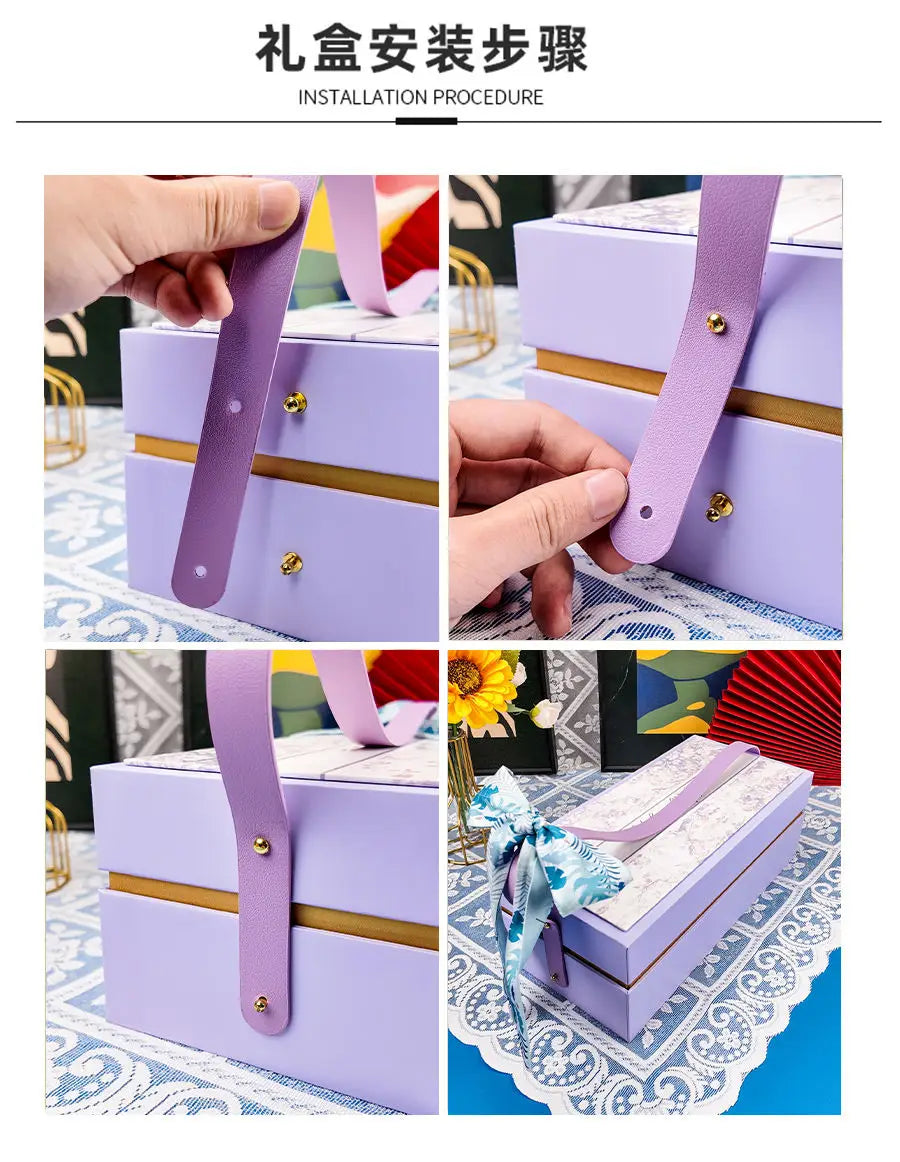 Coffret-cadeau de mariage de luxe de couleur lavande, avec bordure dorée et sangle en cuir assortie pour la demoiselle d’honneur et le meilleur ami