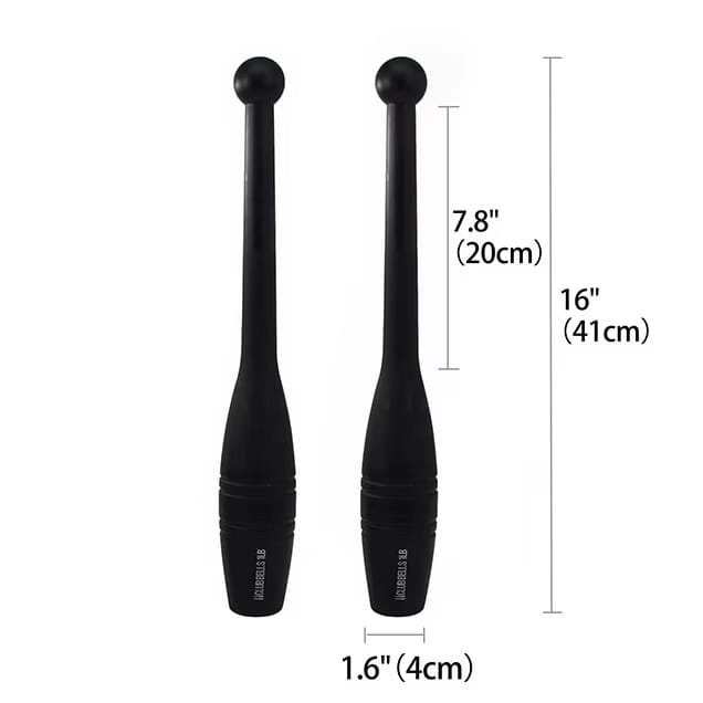 Black wooden fitness clubbell weights with a smooth matte finish and rounded spherical ends designed for full body strength training.