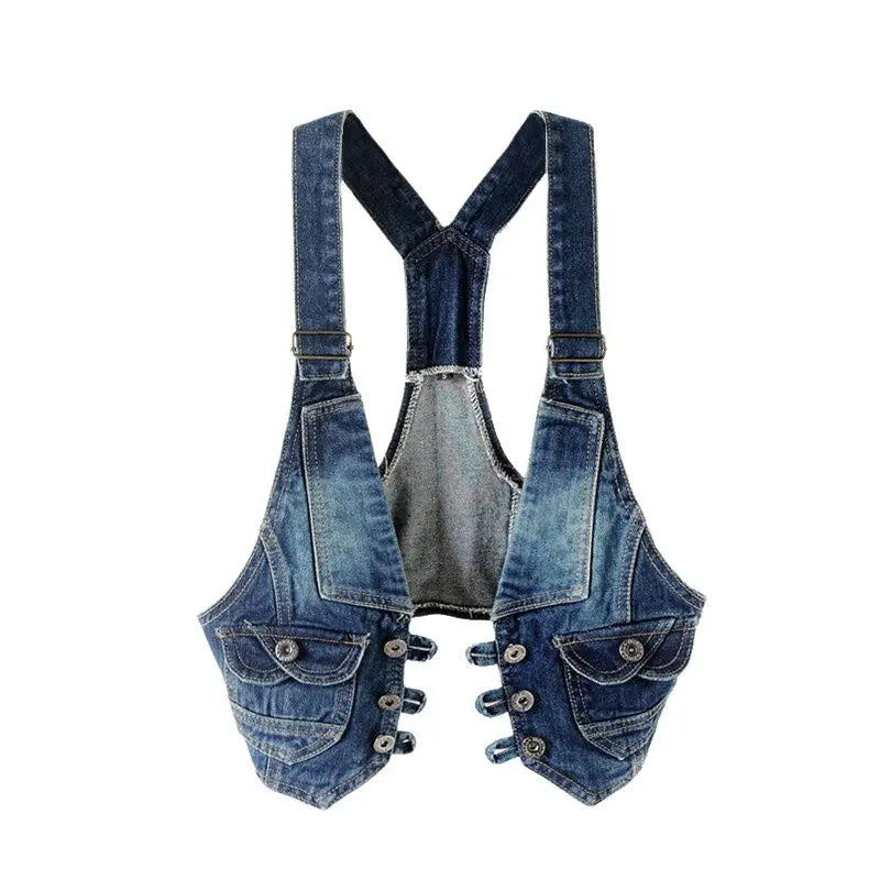 Women Vintage Vest Denim Jacket Cool Outerwear Slim Sleeveless  Casual Jeans Waistcoats Single-breasted Female Short Denim Tops