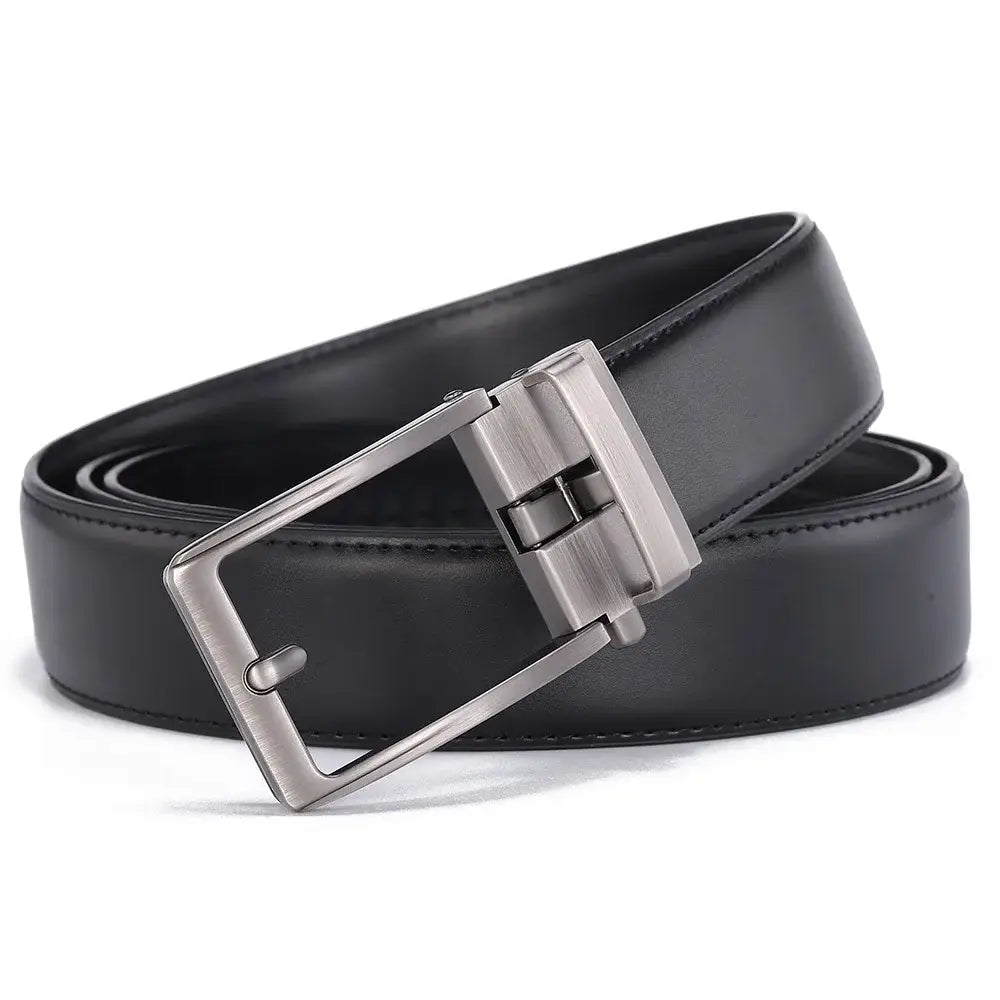 Black leather mens belt with a sleek silver-toned automatic buckle for effortless fastening.