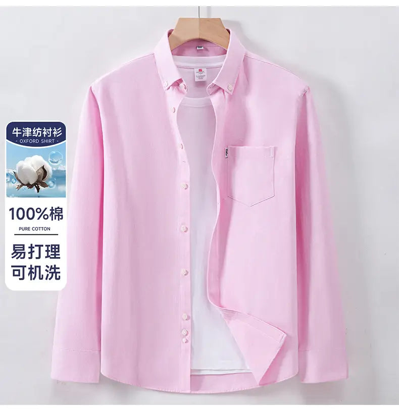 A soft pink men cotton oxford long sleeve casual shirt made of 100% pure cotton featuring a classic button-down collar and front placket.
