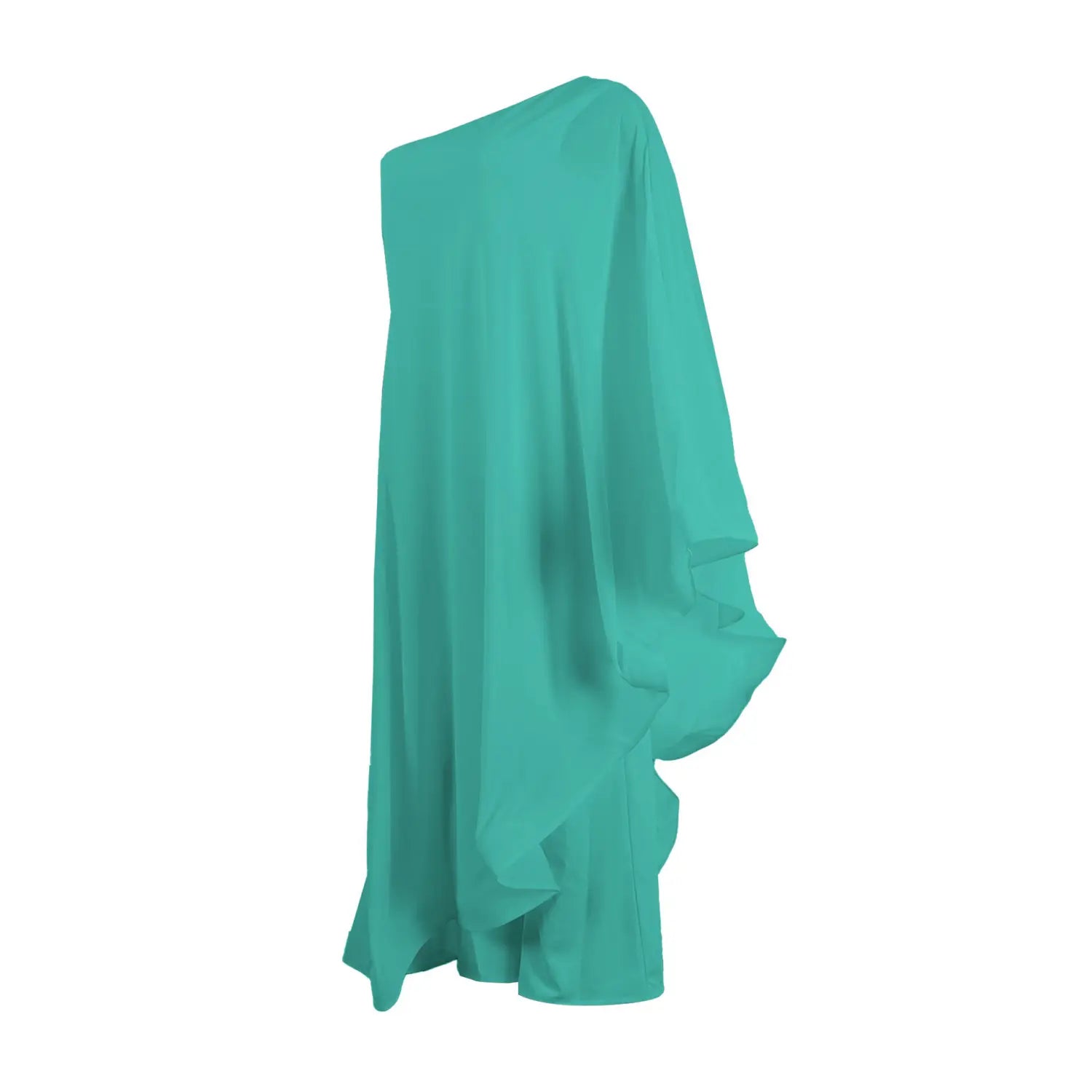 Ein fließendes Tealgrünes Kleid mit einer Schulter, lockerer drapierter Silhouette und voluminösen Ärmeln – passend im eleganten Romper-Stil aus weißem Chiffon.