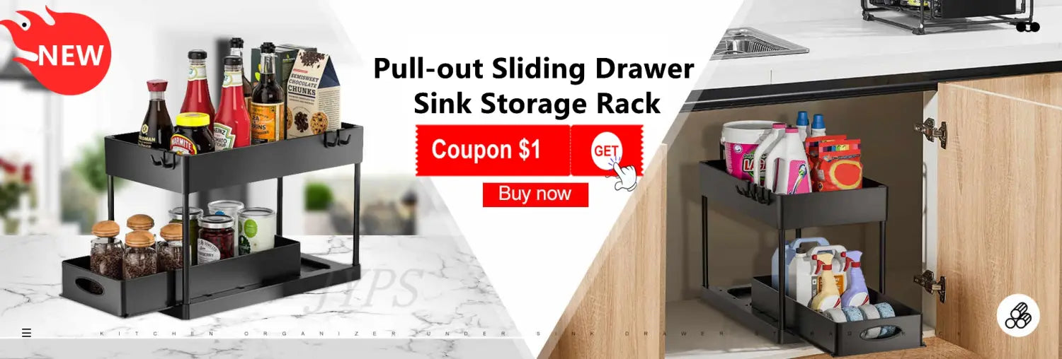 Rangement pour organisateur d’évier coulissant à deux niveaux de couleur noire, avec design moderne épuré, pour le rangement de placard de cuisine et de salle de bain.