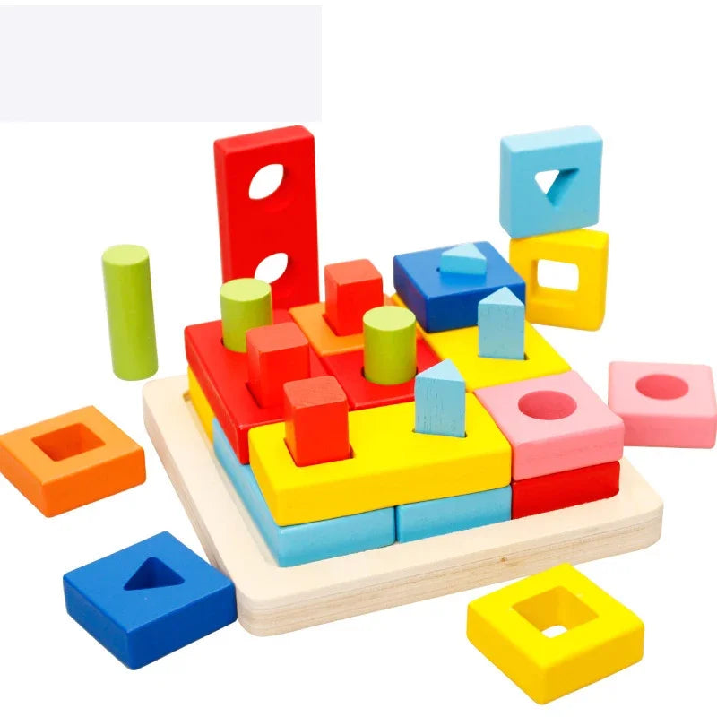 Baby Toys Geometric Wooden Blocks Shape Assembled Board Montessori Teaching Leaning Education Building Chopping Block Match Toy