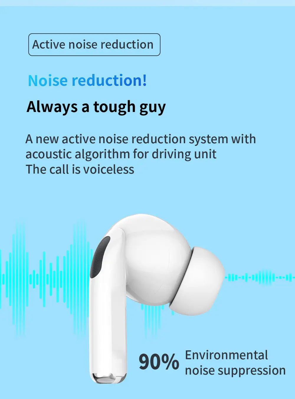 White true wireless bluetooth earphone with sleek ergonomic design and black accent on the stem featuring hifi noise reduction.