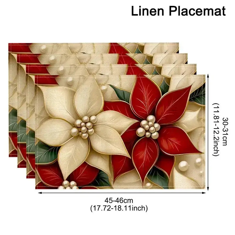 Ensemble de quatre dessous de table pour sapin de Noël en lin, avec des fleurs de poinsettia rouges et crème élégantes aux centres évoquant des perles, vue de dessus
