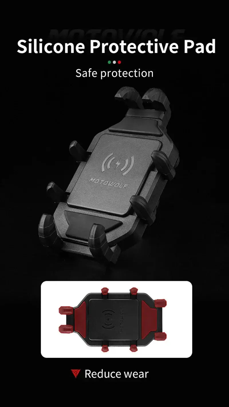 black silicone protective pad with red accents for motorcycle wireless charging phone mount designed for secure phone mounting and wireless charging