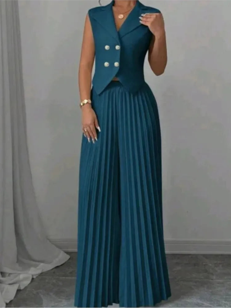 Elegant Formal Women Vest Trousers 2 Pieces Spring New Fashion Retro Wide-leg Pleated Pants Slimming Sleeveless Vest Female Set