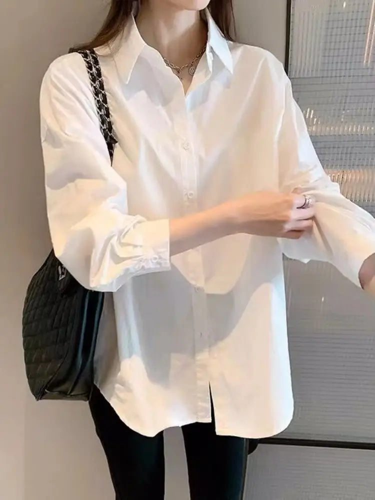 Women's White Long Sleeve Basic Shirt Versatile Vintage Uniform Blouse Casual Office Workwear Inner Wear