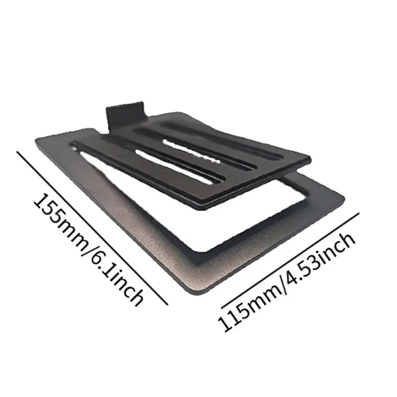 black metal phone stand with a sleek rectangular design and three horizontal slots for secure placement shown as part of aluminum desktop speaker stands 16 degree tilt pair