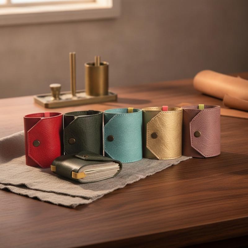 Ein Set aus fünf farbenfrohen kompakten PU-Leder-Geldbörsen als Kartenhalter für schnellen Zugriff in Rot, Grün, Teal, Gold und Mauve, jeweils mit Klappenverschluss und einem einzelnen Metallknopf.