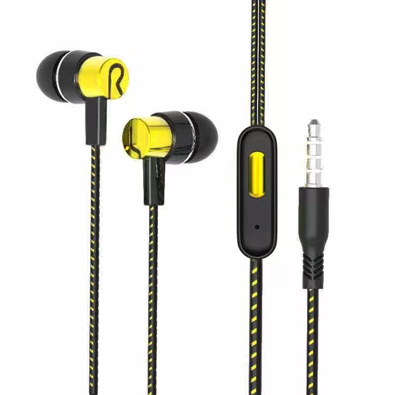 Schwarz-gelbe verkabelte In-Ear-Kopfhörer mit Mikrofon und 3,5-mm-Klinkenstecker, mit geflochtenem Kabel und Inline-Steuermodul.