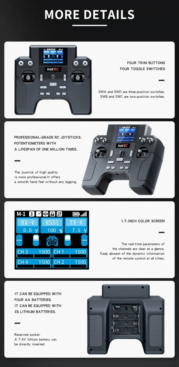 Black hotrc ht-8a remote control transmitter kit featuring four trim buttons, four toggle switches, and a 1.7-inch color screen with power supply compatibility
