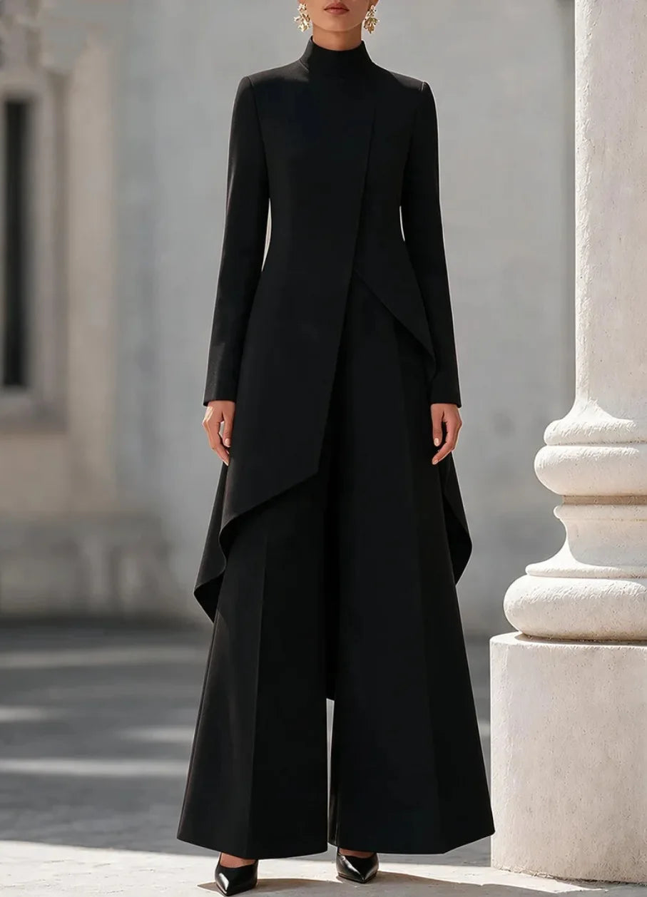 Women Two Piece Outfit Mock Neck Long Sleeve Irregular Asymmetrical Hem Top High Waist Wide Leg Pants Formal Suit Set