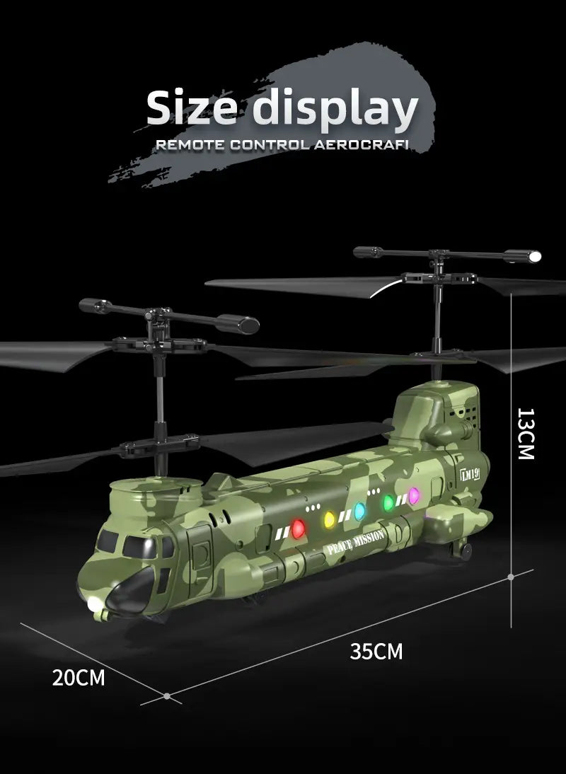 Helicóptero teledirigido de camuflaje verde oliva con luces LED, diseñado para fotografía aérea en alta definición y para el desarrollo de habilidades.