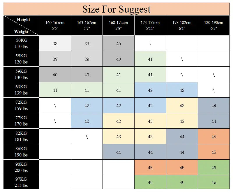 Size chart for men plus size cotton long sleeve formal dress shirt displaying recommended sizes based on height and weight categories.