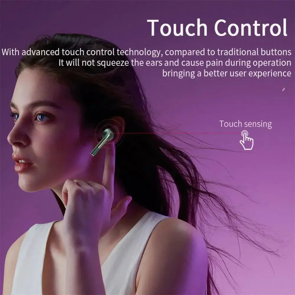 Silver wireless noise cancelling earbuds with sleek ergonomic design for comfortable in-ear wear featuring Bluetooth 5.3 connectivity.