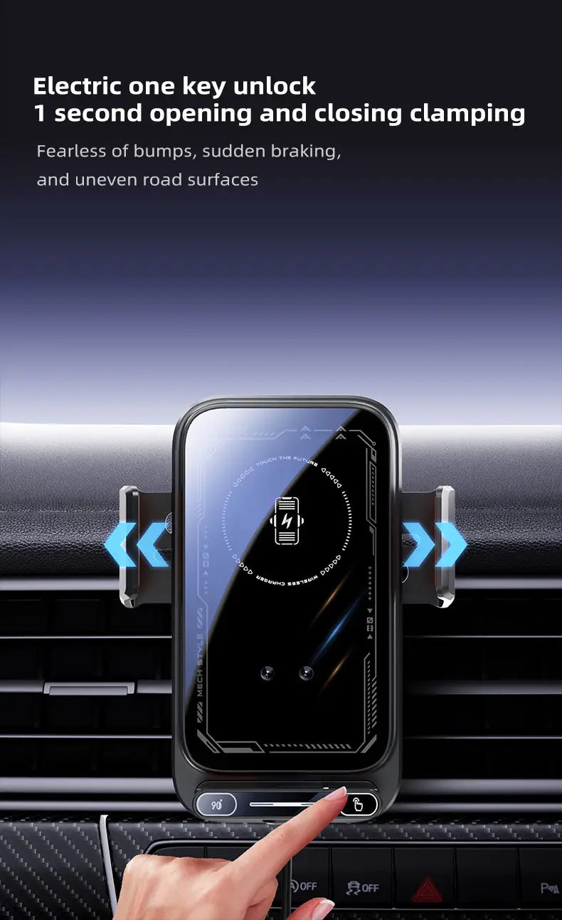 Black wireless car phone charger mount 15w with sleek modern design and touch-sensitive control panel.