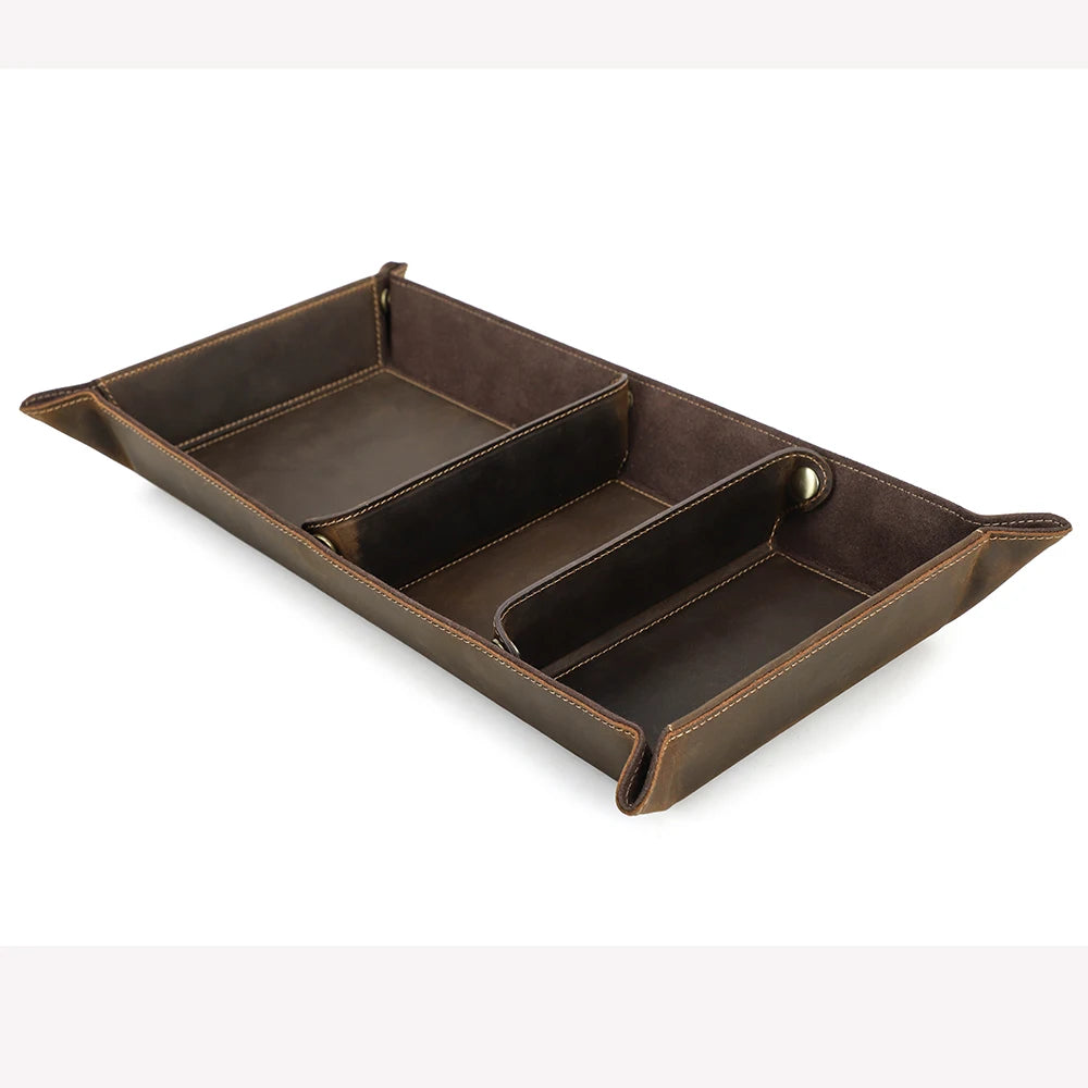 Genuine Leather Desktop Tray Organizer 3 Compartments Durable For Key Jewelry Cosmetic Storage Box Folding Home Decoration